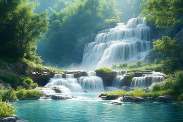 Fototapeta premium Majestic Waterfall Cascading in Serene Forest Landscape for Nature Relaxation and Inspiration