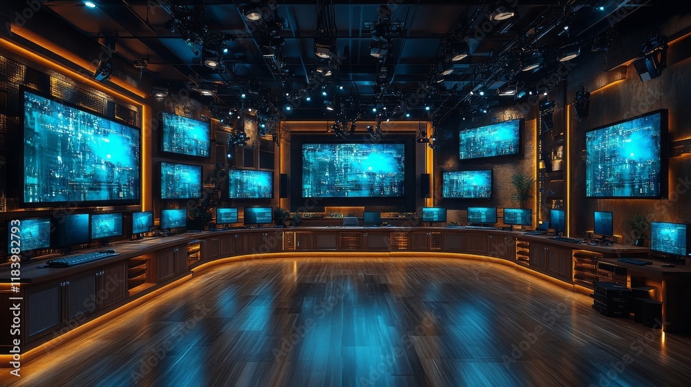 Poster futuristic control room with multiple screens displaying data streams