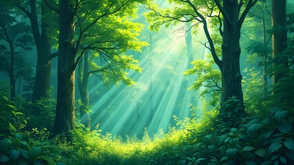 Obraz premium Lush Green Forest Sunlight Rays Cyan Dreamy Nature Scene