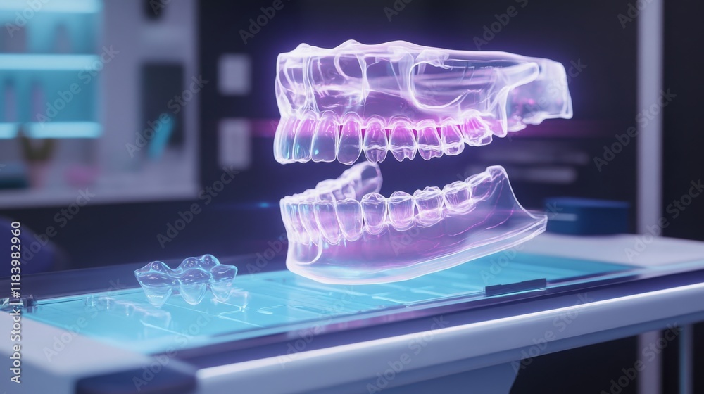 Poster advanced ai technology presents a holographic depiction of dental structures. this system improves d