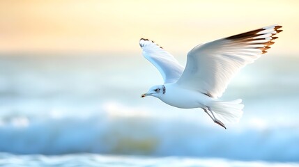 Fototapeta premium Seagull in flight over ocean waves at sunset.