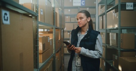 Female Warehouse Associate Scans Cardboard Box with E-Commerce Online Goods Using Smartphone,...