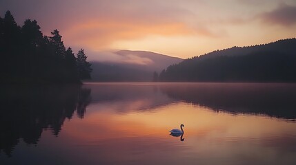 Serene sunrise over calm lake with single swan reflecting.