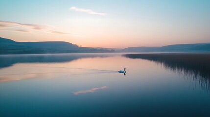 Obraz premium Serene sunrise over calm lake with single swan.