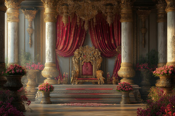 Fototapeta premium A richly adorned throne encrusted with gold and gemstones, surrounded by silk drapes and carved columns. In the foreground, flowers and incense add to the regal atmosphere.