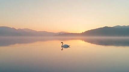 Fototapeta premium Serene swan on calm lake at sunrise.