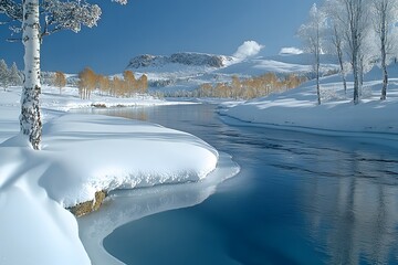Obraz premium Winter Wonderland Landscape with Snowy River and Frosty Trees