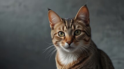 Close-up portrait of a tabby cat with green eyes against a gray background.
