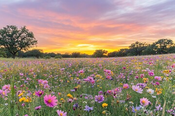 Obraz premium Vibrant Wildflower Meadow at Sunset: A Colorful Bloom of Cosmos, Poppies, and Daisies in a Lush Landscape during Golden Hour.