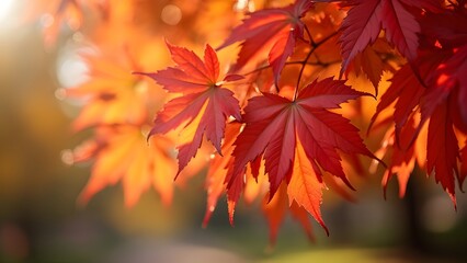Vibrant Red Autumn Leaves Close-Up, Sun-Drenched Maple Foliage with Shallow Depth of Field