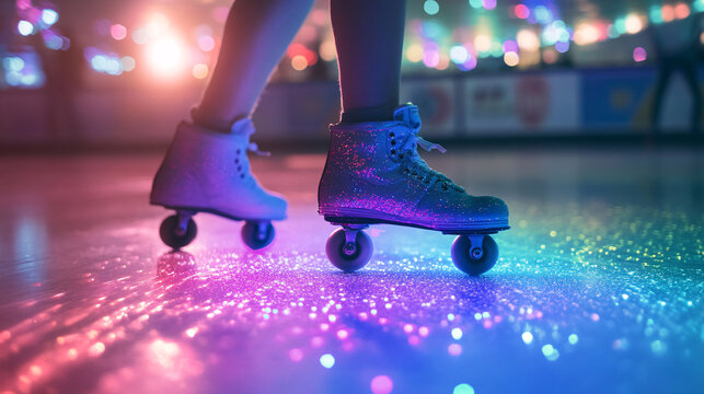 A roller skater with a trail of sparkles projected onto the floor, creating a magical effect.