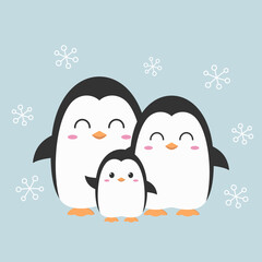 Penguins happy family cute character cartoon smile winter holiday snow vector illustration.