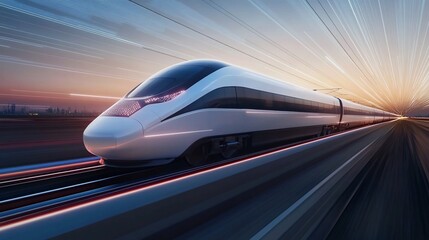 Obraz premium A sleek high-speed train racing through a futuristic landscape at sunset.