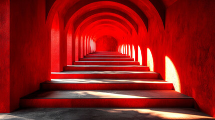 Crimson Architecture: A Captivating Red Stairway Through a Tunnel of Arches