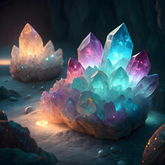 Obraz premium crystal gem stone clusters with glowing light aura