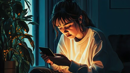 A teenager looking distressed while reading negative comments on their smartphone, highlighting the emotional impact of harmful online behavior in a dimly lit room. 