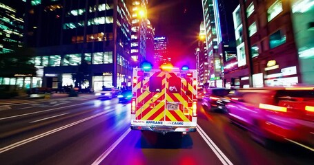 rear view of ambulance with flashing lights driving fast through night city