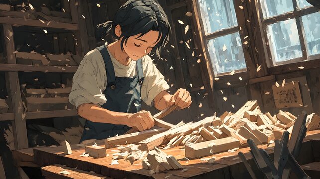 A skilled carpenter carefully chiseling intricate details into a piece of hardwood, showcasing advanced woodwork techniques, with tools and wood shavings spread across a rustic workbench. 