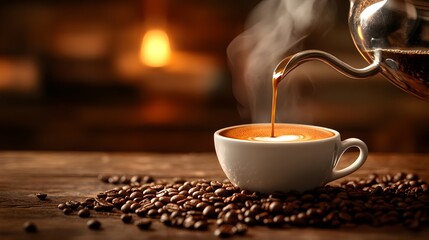 A barista pouring freshly brewed coffee into a cup, with steam rising and coffee beans scattered on the counter, emphasizing the aroma and freshness. 