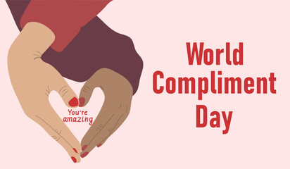 World compliment day banner. Hands making heart shape. Vector illustration - obrazy, fototapety, plakaty