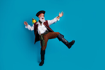 Photo of crazy medieval person positive man dressed pirate costume dancing empty space isolated on...