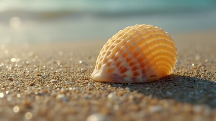 Close-up of Yellow Seashell on Sandy Beach at Sunset, Summer Vacation Coastal Scene