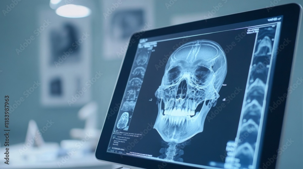 Aufkleber a digital display shows a close-up x-ray of a human skull, revealing intricate details of dental str