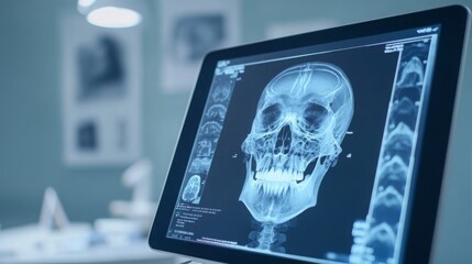 A digital display shows a close-up x-ray of a human skull, revealing intricate details of dental structures and skeletal features.