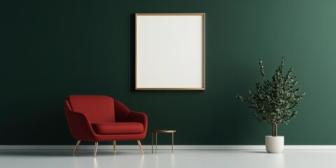 Art deco inspired sitting room with bold red chair and gold frame for interior design