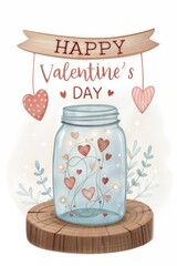 A mason jar filled with light and floating hearts on a wooden stand with a "Happy Valentine's Day" on a white background
