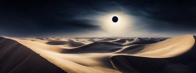 A mesmerizing view of the Sahara Desert with enormous sand dunes reflecting the light of a total solar eclipse, Desert eclipse scene, Ethereal style