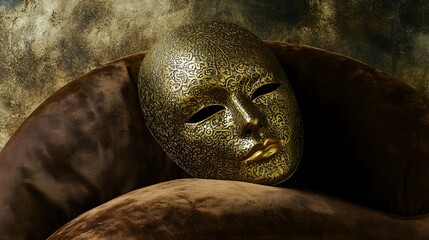 A gold mask with intricate patterns resting elegantly on a rich velvet surface, the interplay of textures highlighting mystery and opulence. The scene evokes an air of luxurious intrigue and 