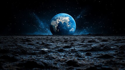 Earthrise over lunar surface, starry background, space exploration