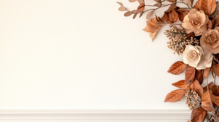 A decorative arrangement of dried flowers and leaves on a light background.