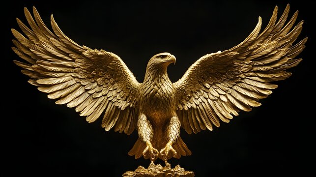 A majestic golden eagle statue with its wings fully spread, perched proudly on a pedestal. The intricate details of the feathers and the radiant gold finish symbolize power and freedom 