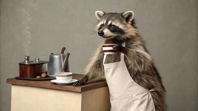 Raccoon barista serves steaming coffee in a cozy cafe setting during morning rush hour