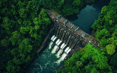 Fototapeta premium A birds-eye view of a hydroelectric dam surrounded by lush greenery and a river