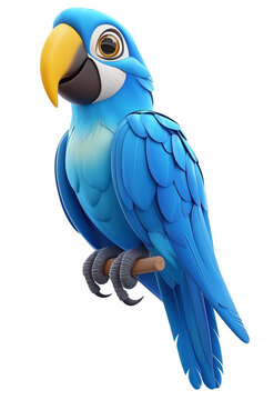 Cartoon blue parrot perched on a wooden stick isolated on a transparent background