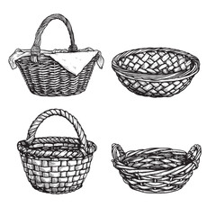 Wicker baskets set. Sketch hand drawn style. Picnic and harvest symbol. Vector illustrations isolated on white.
