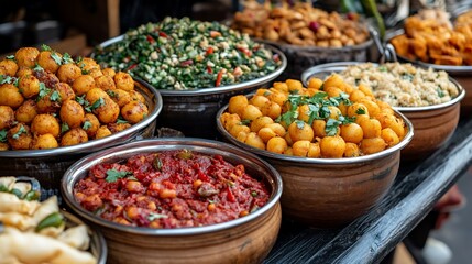 Obraz premium Spicy Indian street food market stall display