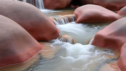 Serene Pink Waterfall Cascading Over Smooth Rocks, Nature's Tranquil Beauty