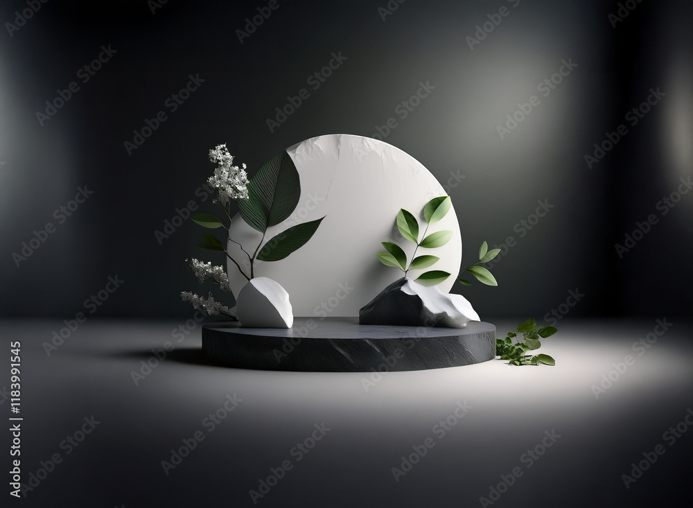 Aufkleber elegant dark studio scene features a circular marble platform adorned with white and green foliage. 