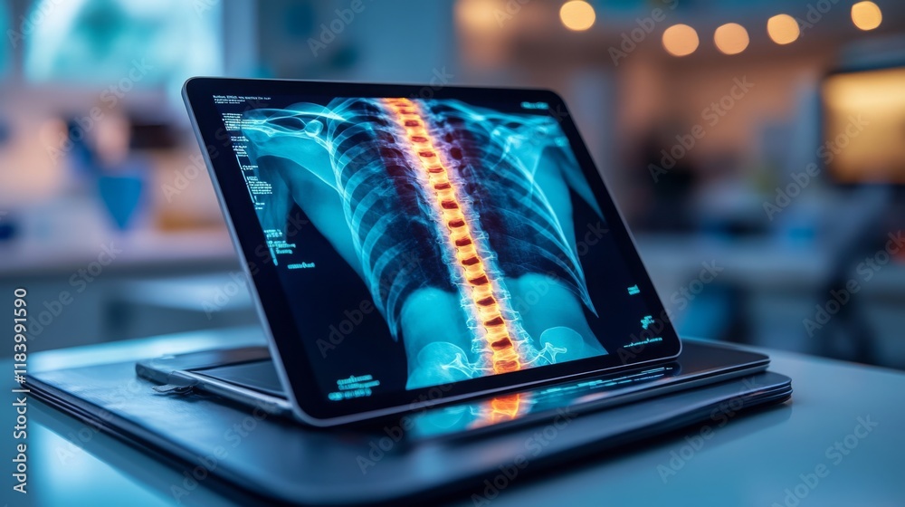 Aufkleber A digital x-ray of a human spine is shown on a tablet within a medical facility. The vibrant imaging highlights the vertebrae and surrounding structures, showcasing advanced diagnostic technology.