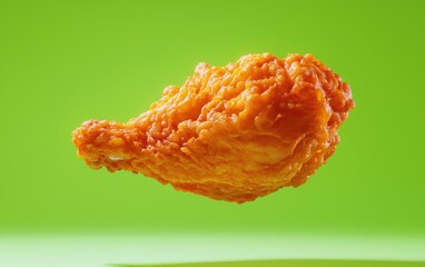 A fried chicken breast floating gently on a neon green background