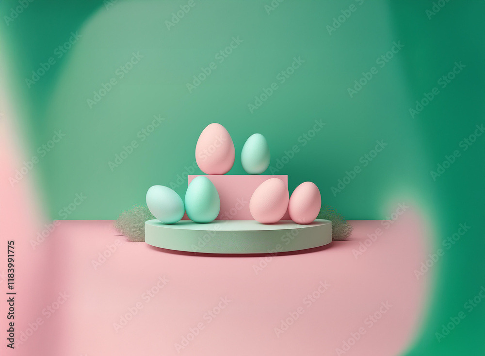 Poster pastel pink and green eggs displayed on a two-tiered platform against a blurred background. a minima