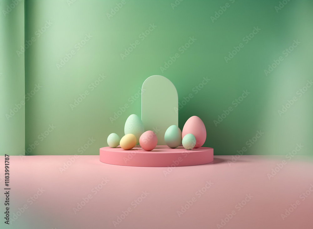 Aufkleber pastel-colored eggs and a minimalist display stand against a soft green backdrop. a spring-themed, c