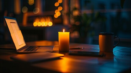 Dimly lit room with a single candle casting soft shadows on a wooden table, laptop and smartphone turned off, symbolizing a sudden power outage and serene atmosphere.