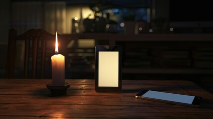Dimly lit room with a single candle casting soft shadows on a wooden table, laptop and smartphone turned off, symbolizing a sudden power outage and serene atmosphere.