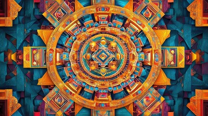 Fototapeta premium Intricate, colorful mandala-like pattern with layered textures and vibrant details. Artistic creativity and spiritual inspiration. Generative by AI.