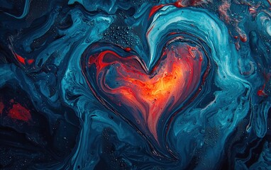 Obraz premium A glowing heart made from swirling liquid paint in shades of blue and red for valentines day